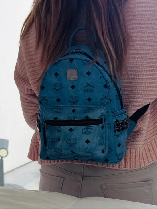 Authentic MCM Stark Mini Backpack Blue Visetos Studded 8x10x4 clean + Dust Bag - Picture 2 of 16